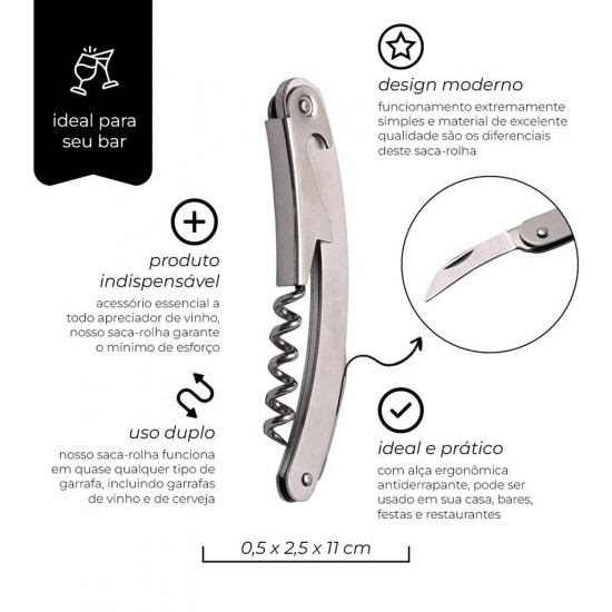 Saca Rolhas 11cm Aço Inox Compacto